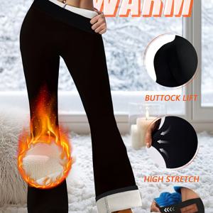 TEMU 1개 여성용 안감 플레어 팬츠*겨울용 하이웨이스트 방풍 와이드 레그 벨 바텀 트라우저*따뜻한 캐주얼 슬랙스 S 사이즈용, 탄성 허리 블랙 롱 팬츠,*패셔너블 우아한 스노우 부츠 컷 조거 팬츠*슬리밍 베이스 레이어링 클래식 보온 안감 부스 스타일 스트리트웨어 일상 고딕 파티 클럽 새해 적합