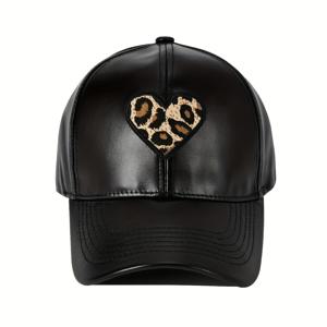 TEMU 1개 PU 가죽 조절 가능 스냅백 야구모자 - 하트 & 프린트 통기성 자수 모자, 야외, 휴가, 캐주얼 착용용 - 신축성 없는 PU 가죽, 야외 레저 및 휴가에 적합|스냅백
