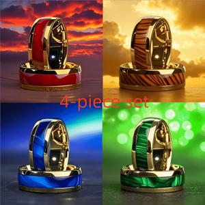 TEMU 4개 세트 우아한 8mm 남성용 201 스테인리스 스틸 웨딩 링, 레드 블러드스톤, 터키석 패턴, 블루 마블 패턴, 골든 타이거 패턴 디자인, 결혼식, 약혼, 기념일, 선물, 약혼 액세서리에 적합