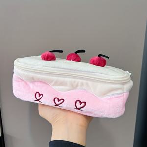 TEMU 대용량 메이크업 가방 & 펜슬 케이스 - 체리 & 리본 디자인의 귀여운 케이크 모양 정리함, 부드러운 질감 커버, 하트 & 리본 장식, 여행, 사무실, 학교 용품 보관, 장식용 폼폼, 튼튼한 지퍼 잠금