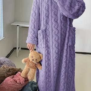 TEMU 여성용 롱 파자마 드레스, 신상 가을 겨울 자카드 플란넬 두꺼운 홈 드레스, 코랄 워밍 롱 슬리브 나이트가운