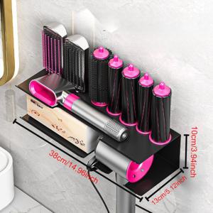 TEMU 1개 튼튼한 드릴 불필요 헤어 도구 정리함 (수납 선반 & 벽걸이 스탠드 포함) - 공간 절약형 욕실 정리함 (컬링 아이롱, 헤어 드라이어, 플랫 아이롱, 스트레이트너용) - 모든 헤어 타입 & 도구 호환, 세련된 디자인