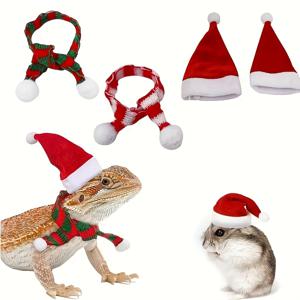 TEMU 작은 동물에게 적합한 크리스마스 의상 2세트 - 크리스마스 모자와 스카프, 긴꼬리 도마뱀, 햄스터, 양, 친칠라, 고슴도치용으로 디자인 - 폴리에스터 소재, 크리스마스 파티 용품, 애완 동물 의류 추가 | 재미있는 애완 동물