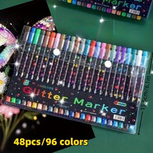 TEMU 96/72/48/24색 듀얼 헤드 글리터 마커 - 메탈릭 색상 및 가는 팁의 수채화 펜, 생생한 색상으로 공예, 카드, 머그, 나무 장식, 스케치에 적합