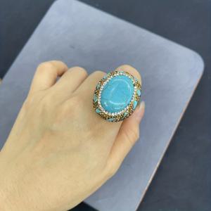 TEMU 빈티지 대형 원형 터키석 손가락 반지, 라인스톤 상감 - 스타일, 올 시즌 착용, 데일리, 파티 주얼리, 포인트 장식으로 완벽