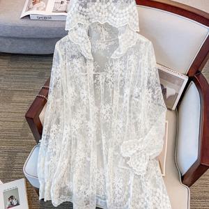 TEMU 봄 여름 캐주얼 여행 해변 휴가 홀로우 메쉬 자수 후드 루즈핏 여성용 플레어 소매 마스크 셔츠|마스크