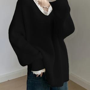 TEMU 플러스 사이즈 - 플러스 사이즈 - 여성용 프렌치 스타일 V넥 레이스 장식 스웨터 | 신상 캐주얼, 로맨틱 대비 레이스 디테일, 편안하고 활용도 높은 레이어링 또는 스탠드 얼론 탑으로 착용 가능|블라우스|여성의류|빅사이즈