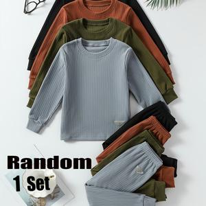 TEMU 가을, 겨울용 남아용 랜덤 세트 기모 속옷 (4-12세 어린이를 위한), 단색 스타일리시한 골지 디자인, 로고 요소 포함, 레이어링에 적합하며 봄, 가을에 다용도로 활용 가능
