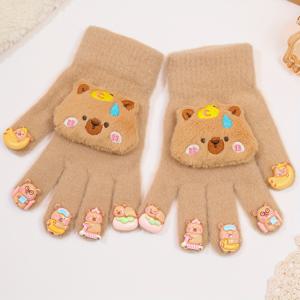 TEMU 귀여운 카пи바라 장식이 있는 사랑스러운 겨울 여아용 장갑, 가을/겨울용 편안하고 따뜻한 핑거리스 디자인, 자전거 타기와 선물용