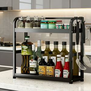 TEMU 2단/3단 블랙 카본 주방 정리대 - 식기 걸이 및 젓가락 홀더 포함, 공간절약형 카운터탑 수납 선반, 내구성 강한 멀티 선반 유닛 (양념, 소스, 오일 보관용) - 간편 조립, 소형 주방에 적합