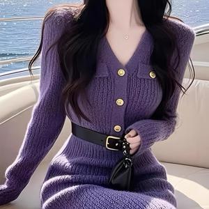 TEMU 가을/겨울 여성용 패브릭 드레스, 우아한 올시즌용 드레스, 딥 V넥과 앞단추 디자인, 벨트 포함 - F6345|여성원피스|가을원피스|드레스