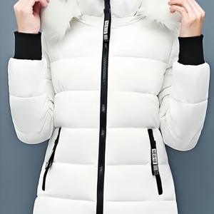 TEMU 여성용 우아한 겨울용 숏 플러시 두꺼운 재킷 (소녀스러운 여성용) | 후드, 탈착식 칼라, 지퍼 디테일, 단색, 레귤러 핏