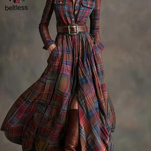 TEMU 여성용 우아하고 세련된 멀티컬러 체크 빈티지 롱 드레스, 오버사이즈 스커트 디자인, 스타일리시한 버튼업 슬림핏 칼라 셔츠 드레스, 파티와 모임에 완벽. 벨트 미포함|여성원피스