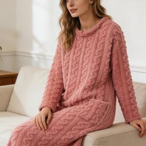 TEMU 여성용 우아한 두꺼운 겨울 잠옷 - 긴팔 로브 포켓 포함, 루즈핏 목욕가운, 세탁기 사용 가능한 추위용 수면복, 가을 & 겨울용 아늑한 홈웨어 및 스파용