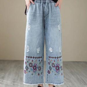 TEMU 여성용 봄여름 에스닉 자수 9부 와이드 데님 팬츠 데일리 캐주얼 밴딩 하이웨스트 와이드 빅사이즈 일자 캐주얼 찢청바지