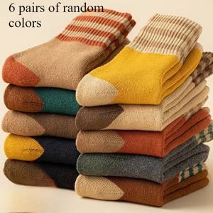 TEMU 가을 겨울용 여성용 테리클로스 중목 두꺼운 안감 보온 슬립 양말 6켤레, 미끄럼 방지 바닥 양말