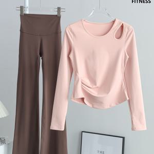 TEMU 가을/겨울 스포츠웨어 세트, 패셔너블 여성 스포츠 탑 비대칭 플리츠, 손가락 구멍이 있는 긴 소매, 플레어 커프가 있는 요가 레깅스, 몸매를 돋보이게 하는 디자인, 한국 . 러닝, 피트니스, 외출, 데이트, 일상복, 야외 활동, 파티, 라이프스타일, 홈 레저, 크리스마스, 카니발, 새해 의상, 라마단, 대통령의 날 & 봄 선물에 이상적|요가복