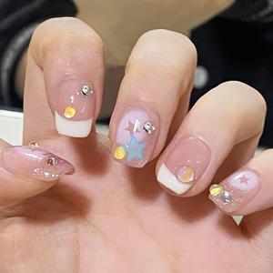 TEMU 10개입 짧은 사각 프레스온 네일 | 라이트 핑크 & 프렌치 화이트 팁, 별/글리터/컬러풀 라인스톤 장식, 글로시 마감, 다양한 사이즈, 데일리/데이트룩을 위한 귀엽고 스위트 스타일