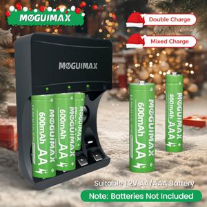 TEMU MOGUIMAX 4구 블랙 충전식 배터리 충전기 | AA/AAA 니켈-메탈-하이드라이드/니켈-카드뮴 충전식 배터리에 적합, LED 표시등, 5V/1A 입력, 안전 충전 제어, 고속 충전, 과전류/과충전/과전압 및 단락 방지