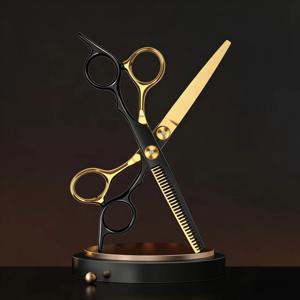 TEMU 플랫 톱니가 있는 전문가용 헤어 클리퍼와 매직 가위 2세트 | 집에서 앞머리 정리하기에 편리함, 양손잡이용, 다기능 디자인, 블랙 골드 미학 스타일