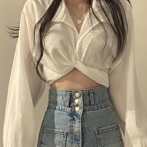 TEMU 여성용 세련된 크롭 블라우스 - 백 보 디테일, 긴 소매, V넥, 단색, 폴리에스터, 봄/가을 캐주얼 웨어에 완벽, 봄 패션 탑 | V넥 블라우스 | 폴리에스터 소재