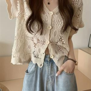 TEMU 여성용 캐주얼 V넥 카디건 - 버튼 디테일, 100% 폴리에스테르 니트 반소매 여름용 커버업, 단색 컬러, 약간의 스트레치 효과 있음