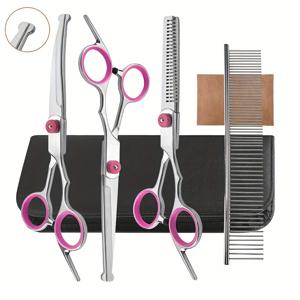TEMU 6개입 전문가용 애완동물 미용 가위 세트 (강아지, 고양이용) | 스테인리스 스틸, , 얇게 자르는 가위, 곡선 가위, 빗, 보관 가방 포함