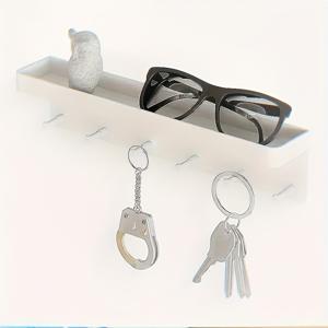 TEMU 무드릴 부유형 후크 랙 - 6단 멀티퍼포즈 정리대 | 열쇠/우편물/소품용 | 주방, 욕실, 현관에 적합 | 모던 디자인, 무드릴 설치, 6개의 내하중 후크와 상단 선반으로 열쇠, 우편물, 수건 등을 쉽게 보관. 벽에 밀착된 스트림라인 디자인, 모던 스타일로 다양한 홈 환경에 어울림, 수직 공간을 효율적으로 활용하는 공간절약형 정리대, 후크