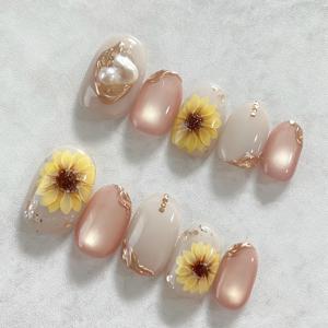 TEMU 10개입 핸드메이드 아몬드형 프레스온 네일 - 블러쉬 & 글리터 / & 캣아이 플라워 디자인, 미디엄 길이, 웨딩, 데일리웨어용 - 네일