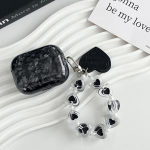 TEMU 에어팟 4/Pro 2세대/Pro 3세대용 블랙 쉘 패턴 케이스, 에어팟 Pro/3호환, 에어팟 2/1용 케이스, 블랙 하트 참 포함