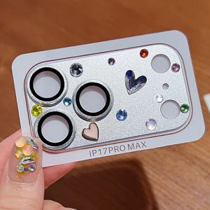 TEMU 아이폰 17 Pro Max 및 17 Pro용 컬러풀 라인스톤 3D 하트 카메라 렌즈 필름이 특징인 고급스러운 무광 보호 커버