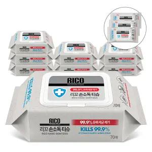 리꼬 손소독티슈 캡형 70매 x 8팩 (10매 x 3팩 증정)