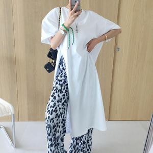 롱롱절개 라운드 트임 루즈핏 무지 롱 반팔 티셔츠 (2color)