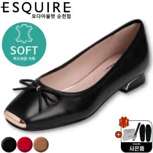 [에스콰이아]부드러운 가죽으로 착화감 좋아 발편한 여성 토캡 스퀘어 플랫 펌프스 PFESHQ762BK_SC