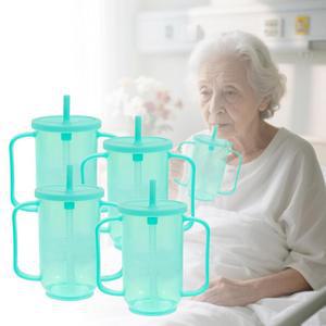 노인용 성인 시피 컵 4개, 플라스틱 유출 방지 12온스, 음료 컵, 병원 장애인 연하 곤란 환자용 손잡이 빨대 및 뚜껑 2개 포함