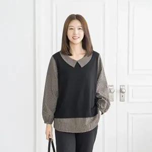 [마담4060]엄마옷 마담4060 티셔츠 중년여성 베이직한 데일리룩 잔체크카라-YTE2510025-