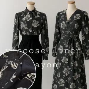 일본수입 비스코스 린넨 드로잉 플라워 원단 (블랙&화이트) 로하이마켓 단독