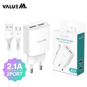 (c타입케이블포함) 밸류엠 가정용 2포트 2.1A 충전기/USB/일체형/초고속/멀티/휴대용/스마트폰/휴대폰/고속