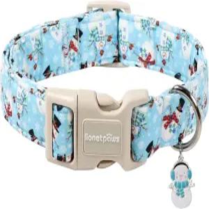 라이오넷 크리스마스 개 목걸이 - 플라스틱 버클과 눈사람 펜던트가 달린 파란색 중간 크기의 대형견을