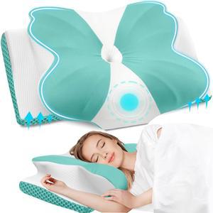 목과 어깨를 위한 CloudBliss 경추 메모리 폼 베개, 냉각 케이스가 있는 윤곽 목 지지 인체공학적 침대 옆구리 위 침목을 지지대(녹색, 표준 크기)