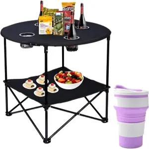 헤이븐코브 캠핑 테이블 4개의 컵 홀더가 있는 2단 접이식 휴대용 캠핑용 클립 및 가방 스틸 프레임 고급