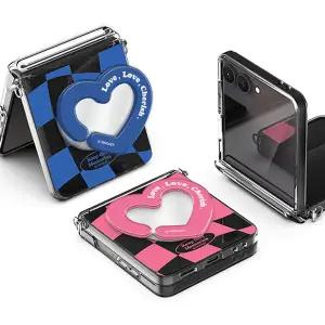 갤럭시 Z플립 5 6 7 하트 체커보드 미러 그립 톡홀더 오토 힌지보호 투명 하드 케이스 제트플립