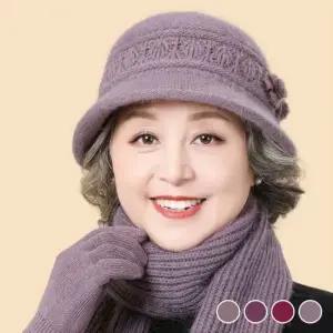 여성 중장년 패션 예쁜 꽃무늬 장식 방한 캡모자 머플러 세트