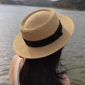 플랫햇 밀짚모자 햇빛차단 여름 휴양지 페도라 모자