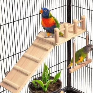 그네와 사다리가 있는 나무 새 서식지 플랫폼 - 튼튼한 긴 꼬리 앵무새 케이지 액세서리로, 운동과 새 게임 체육관에 - 앵무새, 카나리아, 참새에게 완벽합니다