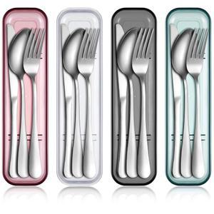 케이스 재사용 가능한 스테인리스 스틸 실버웨어 플랫웨어 캠핑 식기 세트 Yinkin 4팩 휴대용 여행 도구 세트 직장용 식기세척기용 포크 스푼 나이프(화이트, 그린, 레드, 블랙) 포함