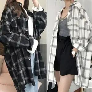 여성 봄 가을 오버핏 베이직 롱남방 힙덮는 체크셔츠