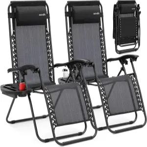 SereneLife 무중력 야외 라운지 의자 2팩 ？ 사이드 테이블 컵 홀더 및 패딩 헤드레스트가 있는 접이식