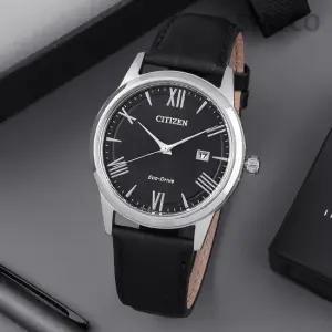 시티즌 AW1231-07E 에코드라이브 라운드 블랙 아날로그 캐쥬얼 정장 남자 가죽 시계 d