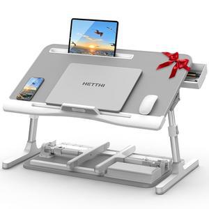 HETTHI 노트북 침대 테이블, 프리미엄 소재의 침대용 높이 및 각도 조절 가능한 노트북 책상, 침대 소파 바닥용 서랍이 있는 매우 견고한 접이식 노트북 침대 트레이 테이블(그레이, 23.6